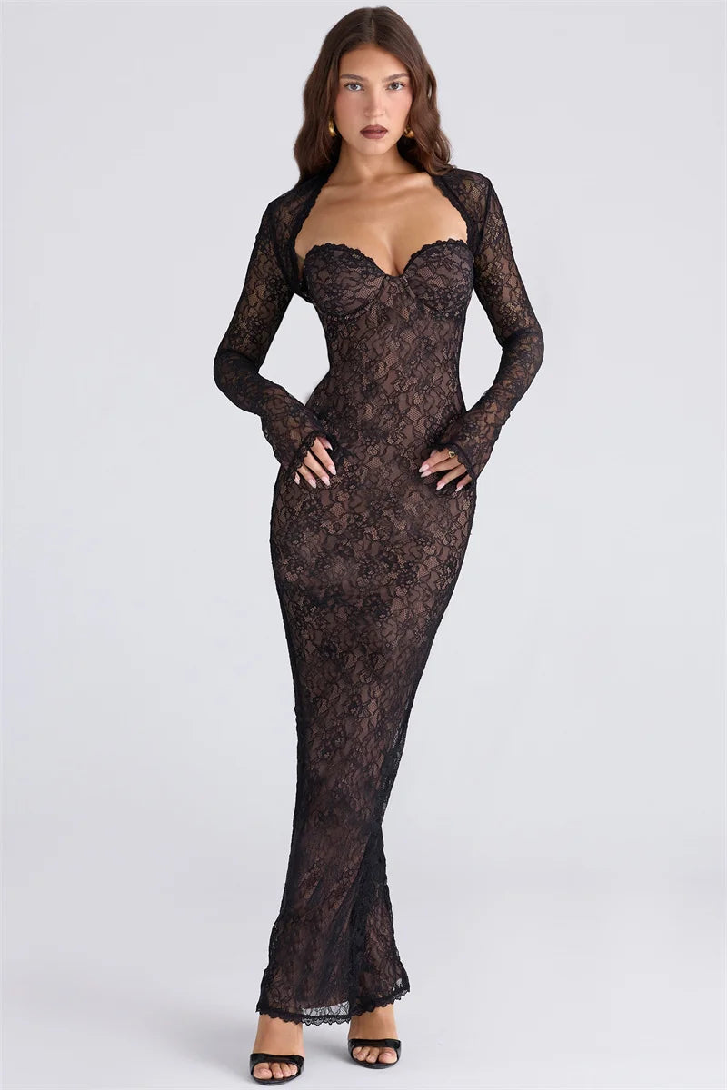 Mozision Lace Long Sleeve Sexy Maxi Dress Women Elegant Square Collar Strapless Backless Split Bodycon Club Party Long Dress