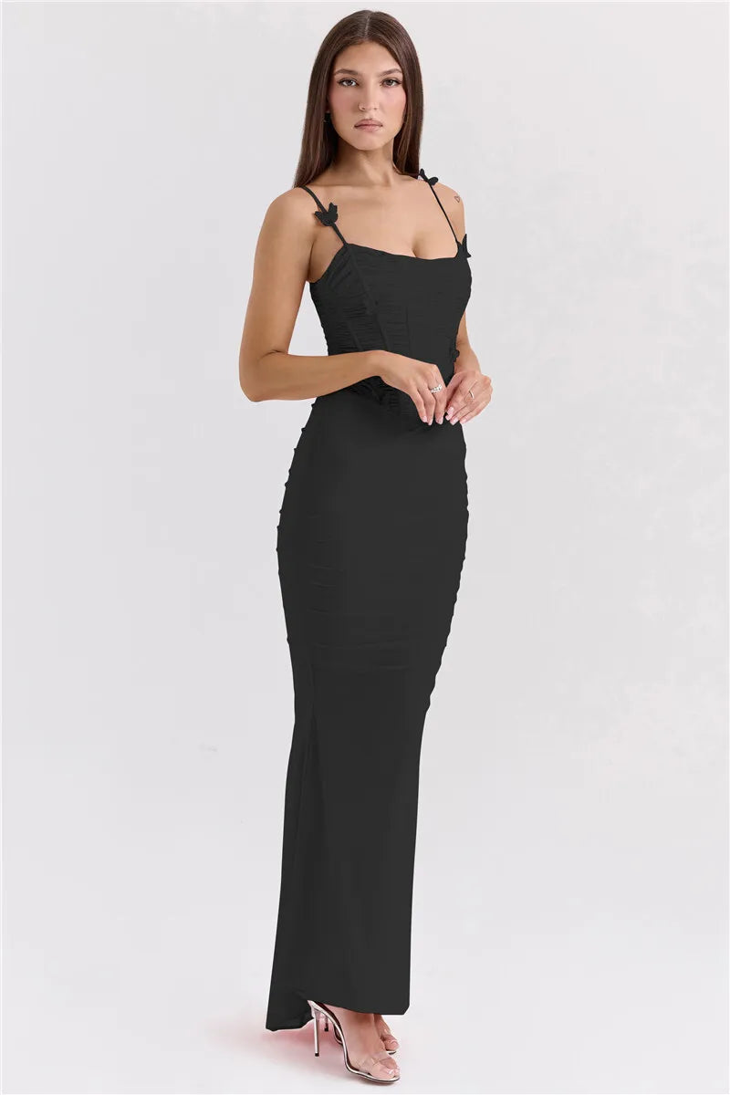 Mozision Bow Spaghetti Strap Sexy Maxi Dress For Women Gown Elegant Off-shoulder Sleeveless Backless Evening Club Party Dress