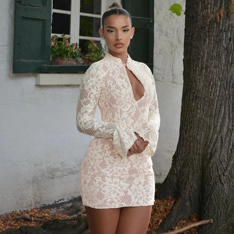 NIDANSSI White Lace Lining Hollow Out Autumn Dress Women 2024 Robes Elegant Evening Party Dress Bodycon Mini Dress Vestidos