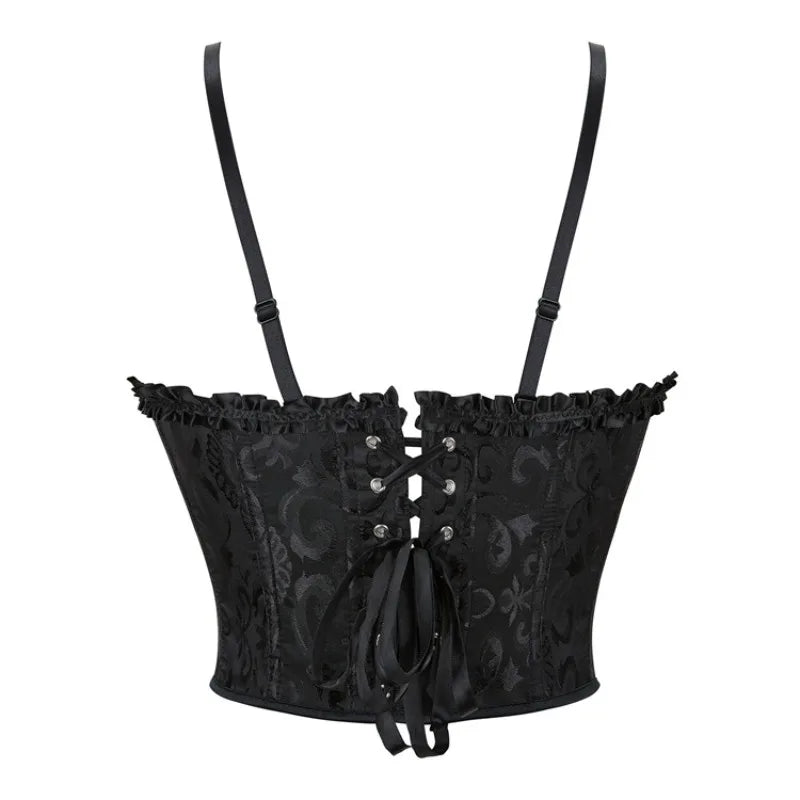 Spaghetti Straps Camisole Overbust Corset for Women Lace Up Bustier Jacquard Body Shaper Short Torso Corselet Vest Sleeveless