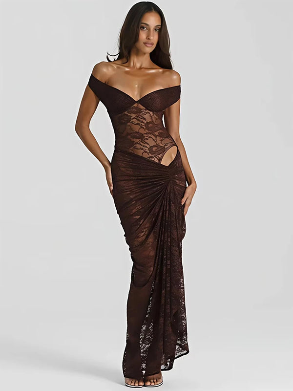 Mozision Lace See Through Sexy Two Piece Set Women Elegant Off-shoulder Backless Bodysuit And Maxi Skirt Matching Club Dress Set Wofashion.xyz
