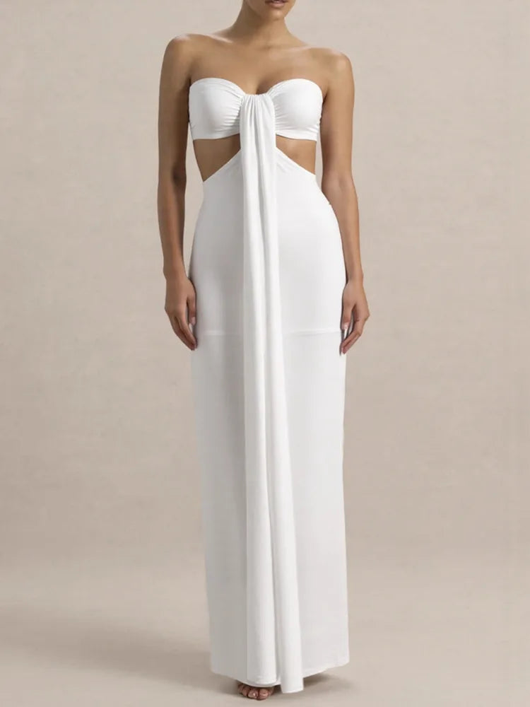 Mozision Off-shoulder Strapless Sexy Maxi Dress Women Elegant White Sleeveless Backless Draped Bodycon Club Party Long Dresses