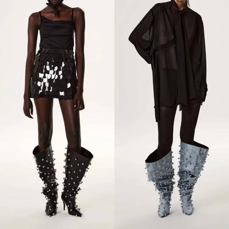 European Niche Design, High-quality Slim High Heels, Wide Knee Boots, Women's Fashionable and Sexy Studded Pleated Sleeve Boots