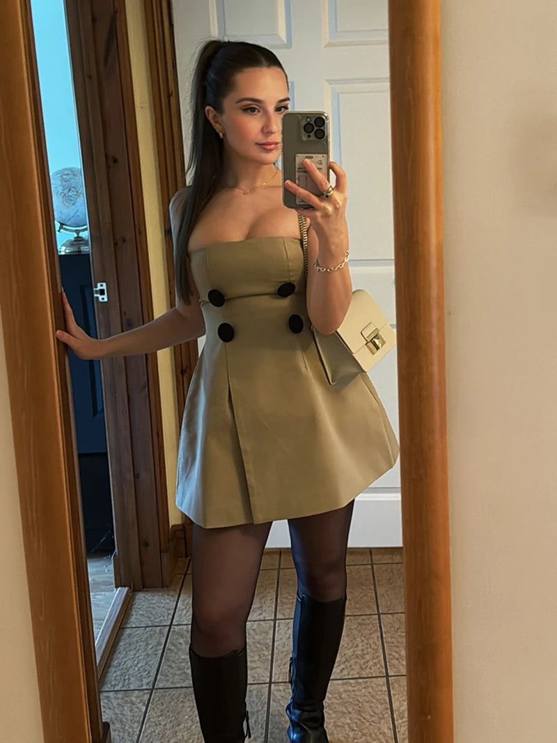 Mozision Off-shoulder Strapless Sexy Mini Dress For Women Khaki Fashion High Waist Backless Sleeveless Club Party Dress Elegant