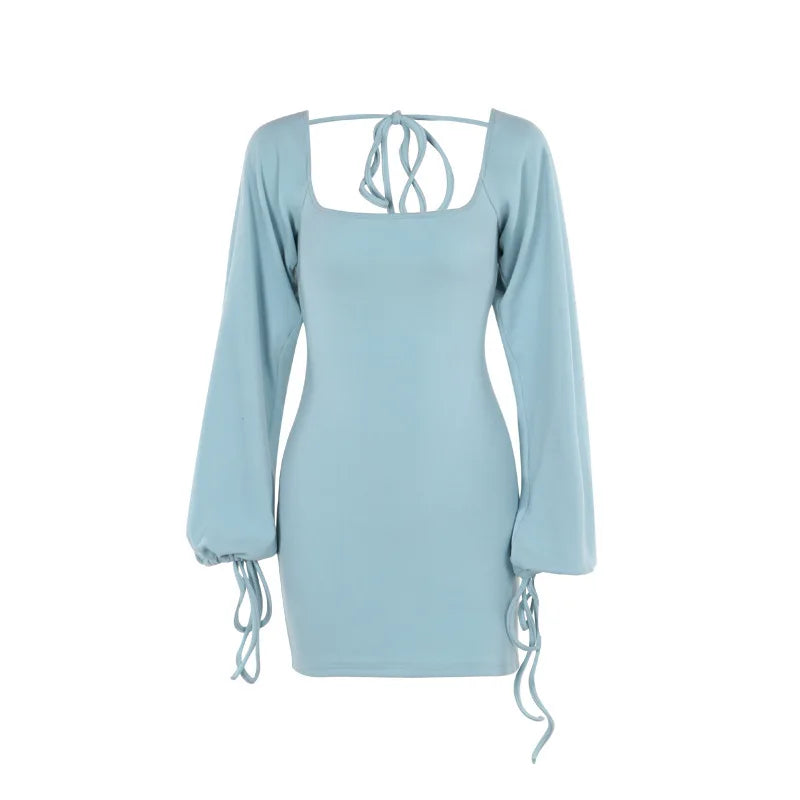 NIDANSSI Lantern Long Sleeve Backless Lace Up Autumn Dress Women Robes Elegant Evening Party Dress Bodycon Mini Dress Vestidos