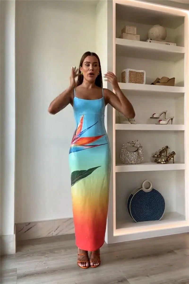 Mozision Floral Print Sexy Maxi Dress For Women Spaghetti Strap Sleeveless Backless Bodycon Slipdress Sequins Club Party Dress