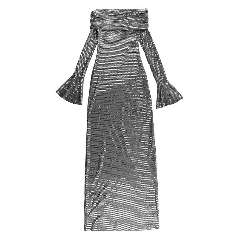 Mozision Elegant Strapless Sparkle Maxi Dress For Women Fashion Off-shoulder Backless Long Flare Sleeve Bodycon Club Party Dress