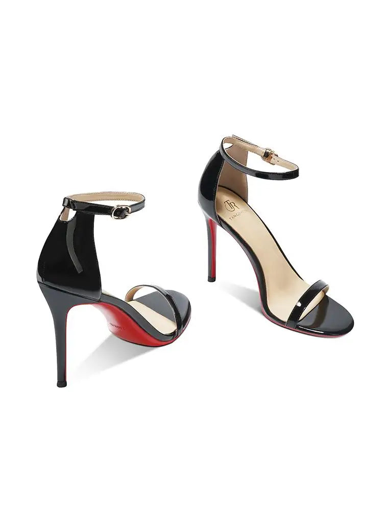 High heeled sandals for women in the summer of 2025, fashionable black, sexy, slim heel, straight buckle high-heeled shoes