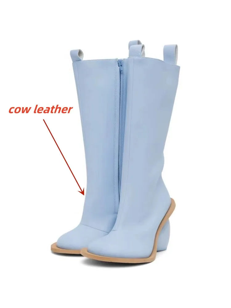 2024 New Women's Genuine Leather Mid Top Boots Fashion Round Toe High Heel Ankle Shoes with Zipper Stylish Comfortable Footwear