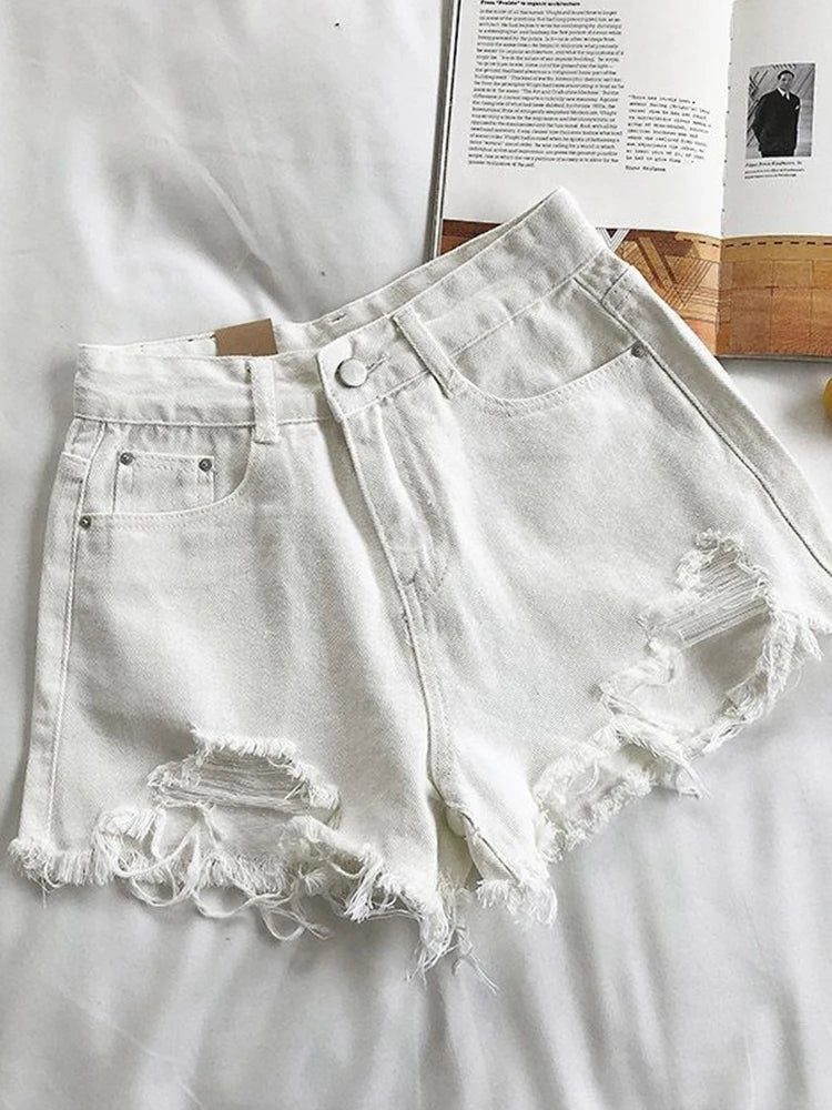 Casual High Waist Denim Shorts Women Summer Pocket Tassel Hole Ripped jeans Short Female Femme Short Pants Women