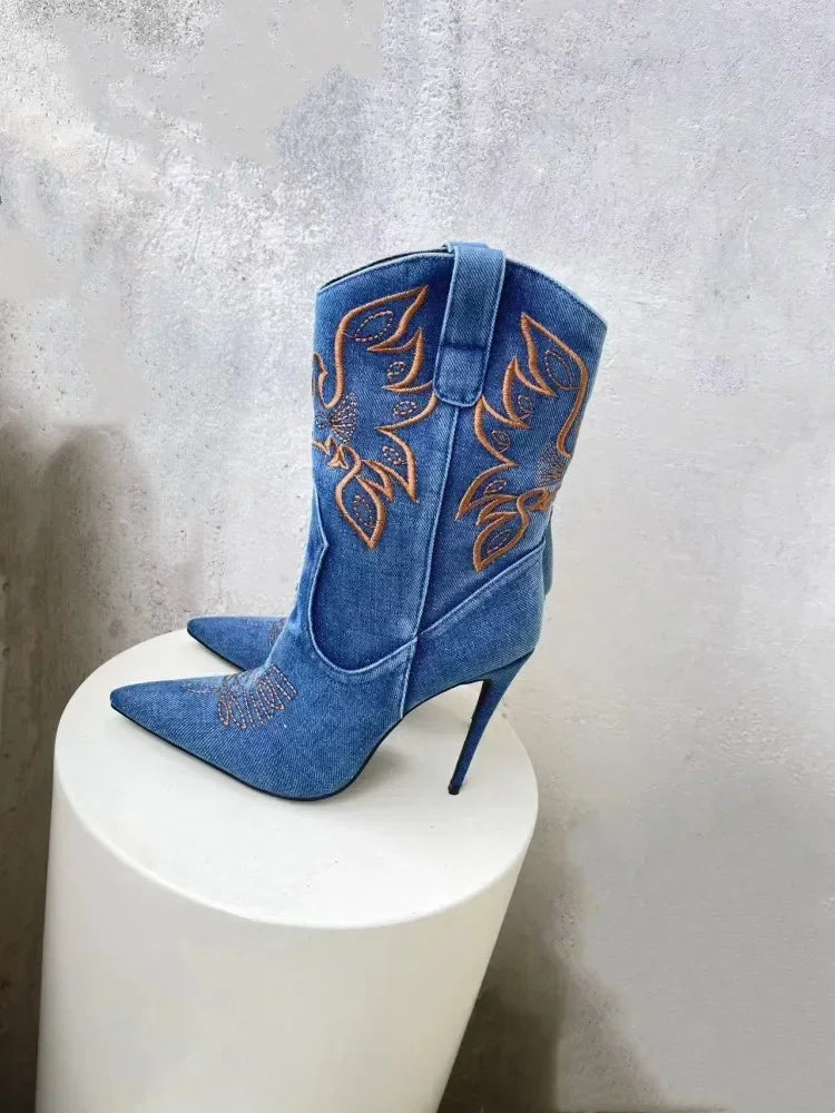 Women's Denim Western Cowboy Boots Pointed Toe Stiletto Heel, Sexy Embroidery Knight Runway Fashion Ankle Booties