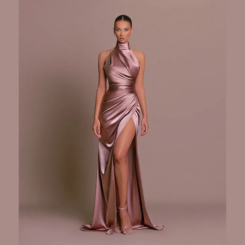 Womens Elegant Long Formal Evening Cocktail Party Dress Sexy High Split Ruched Bodycon Wedding Guest Bridemaid Maxi Dress