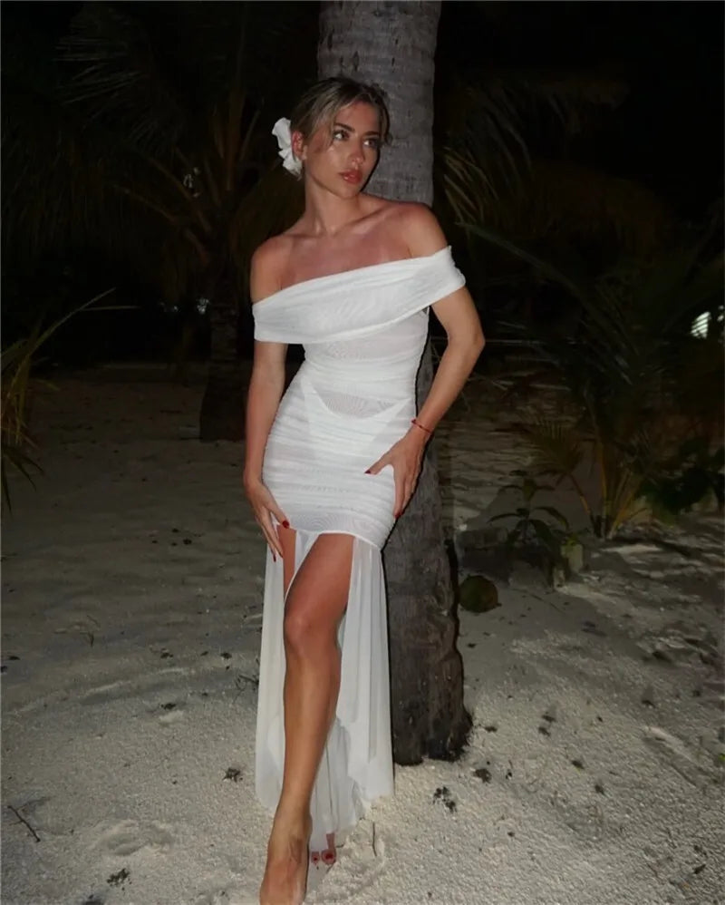 Mozision Mesh Off-shoulder Backless Sexy Maxi Dress For Women Fashion Strapless Sleeveless Split Ruched Bodycon Club Party Dress