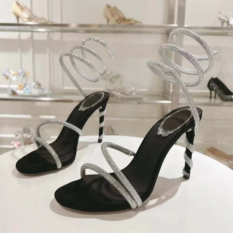 Luxury High Heels Sandals Woman Rhinestone Snake Twine Around Ankle Strap Wedding Shoes Stiletto Summer Gladiator Sandals Women