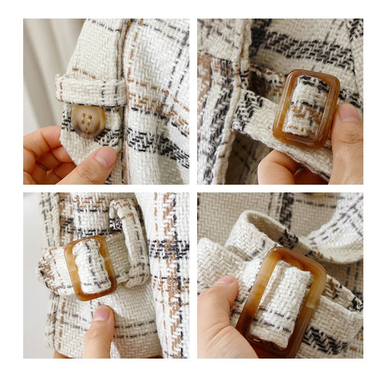 Lautaro Autumn Winter Long Loose Warm Plaid Wool Blends Trench Coat for Women Raglan Sleeve Belt Double Breasted Woolen Overcoat