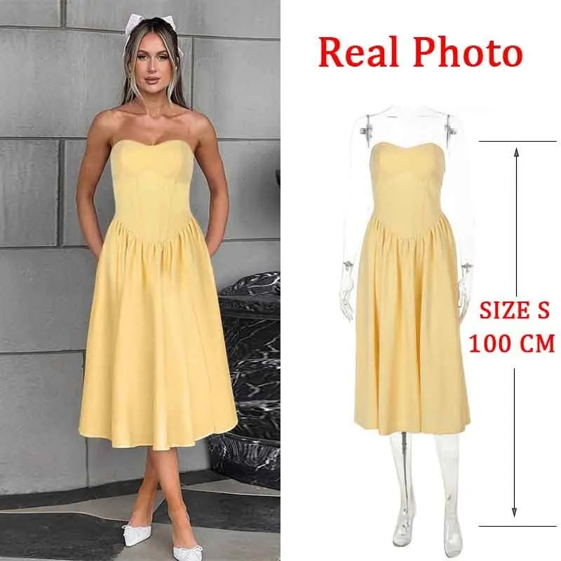 NIDANSSI Yellow Strapless Backless Evening Party Dress Women Pleated Bodycon Elegant Sexy Dress Midi Long Summer Dress Vestidos