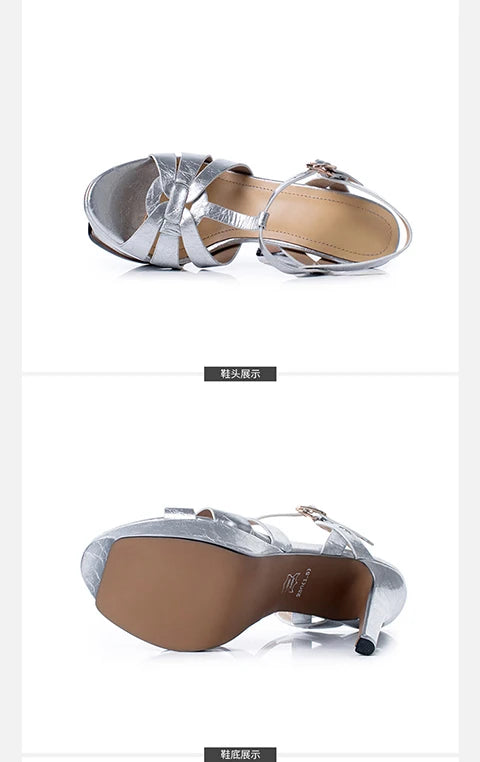 Women's Summer European and American Fashion Stiletto Waterproof Platform Leather Open Toe Round Head Buckle Sandals