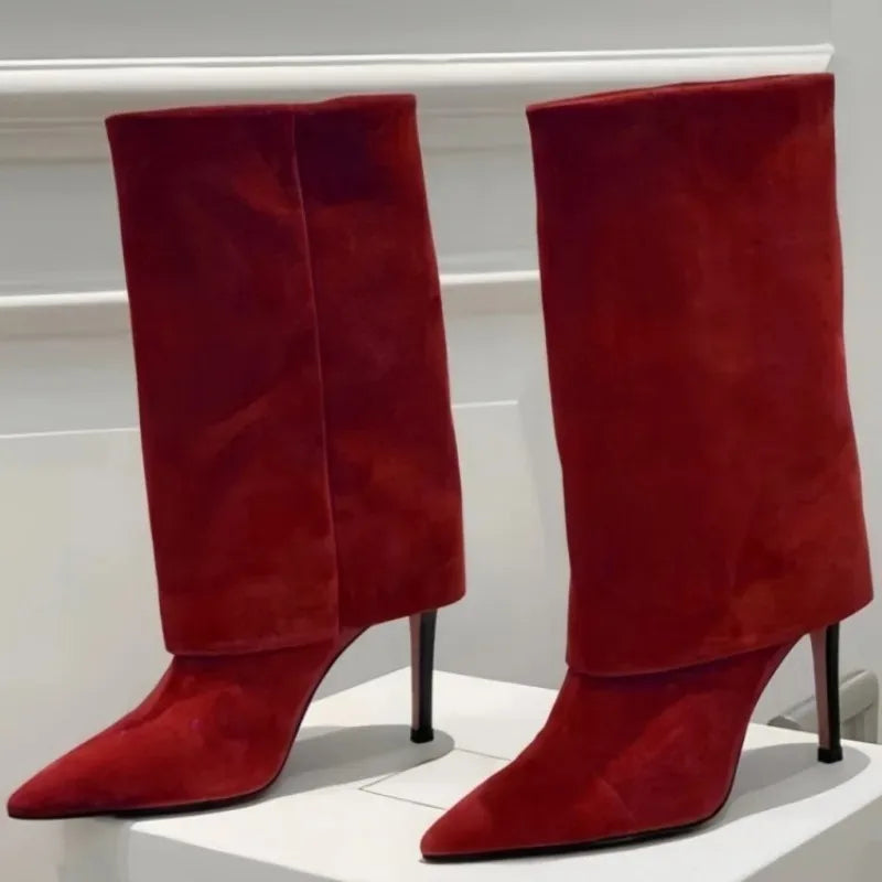 European and American Style High-heeled Wide Tube Sleeve Skirt Boots for Women, Niche Stone Patterned Fashion Banquet Shoes