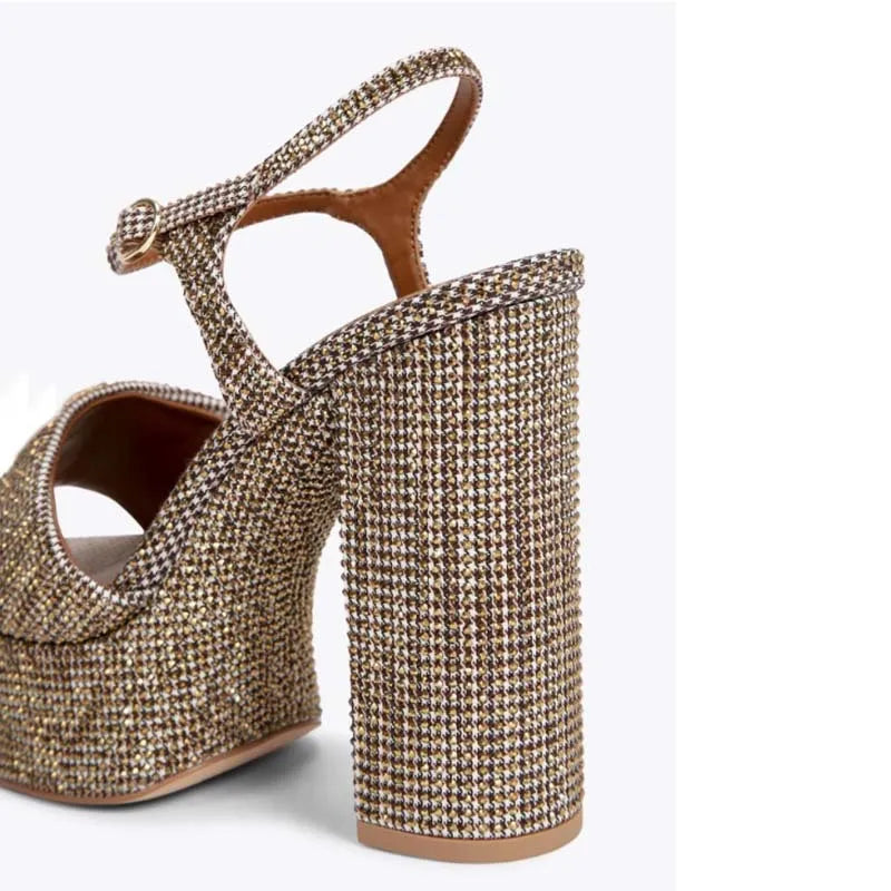 2025 Summer New Waterproof Platform Hot Diamond Thick Bottom Thick High Heels Fashion Square Head Versatile Buckle Strap Sandals