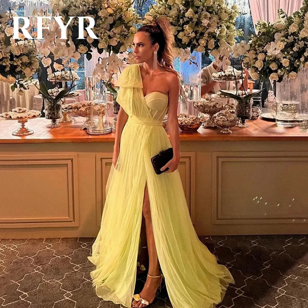 RFYR Yellow One-Shoulder Prom Dress Sweetheart Long Pleat Boned Evening Dress High Split Elegant Formal Party Gown Customized Wofashion.xyz