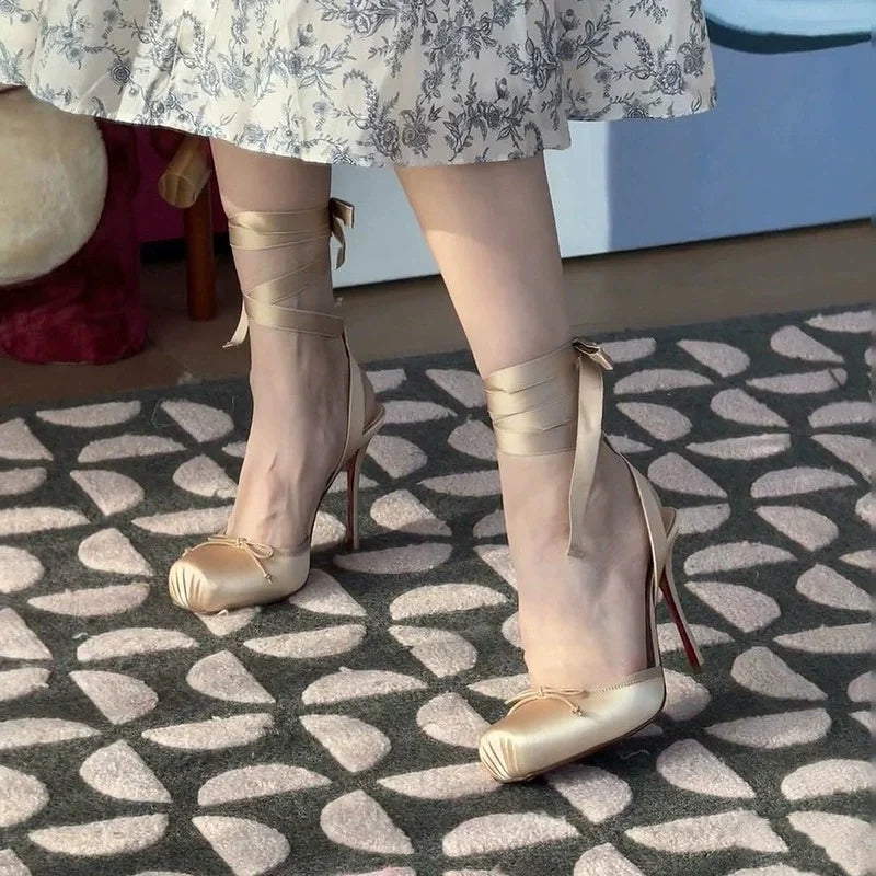 Luxury Design Woman Sandals 2025 Summer High Quality Square Satin High-heeled Female Shoes With Ankle Straps Wedding Flip Flops