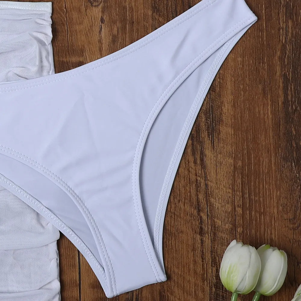 Black Pleats Edge Bandeau 3 Piece Bikini Set Damen Pearl Chain Halter Swimwear Skirts Cover Up Sexy Swimsuit Women Beach Wear