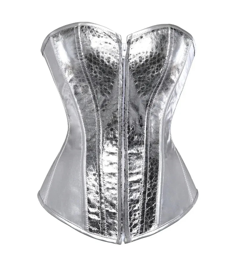 Women Silver Gold Vintage Style Overbust Corset Gothic Leather Steampunk Zip Nightclub Bustier Corselet Top Burlesque Lingerie Wofashion.xyz