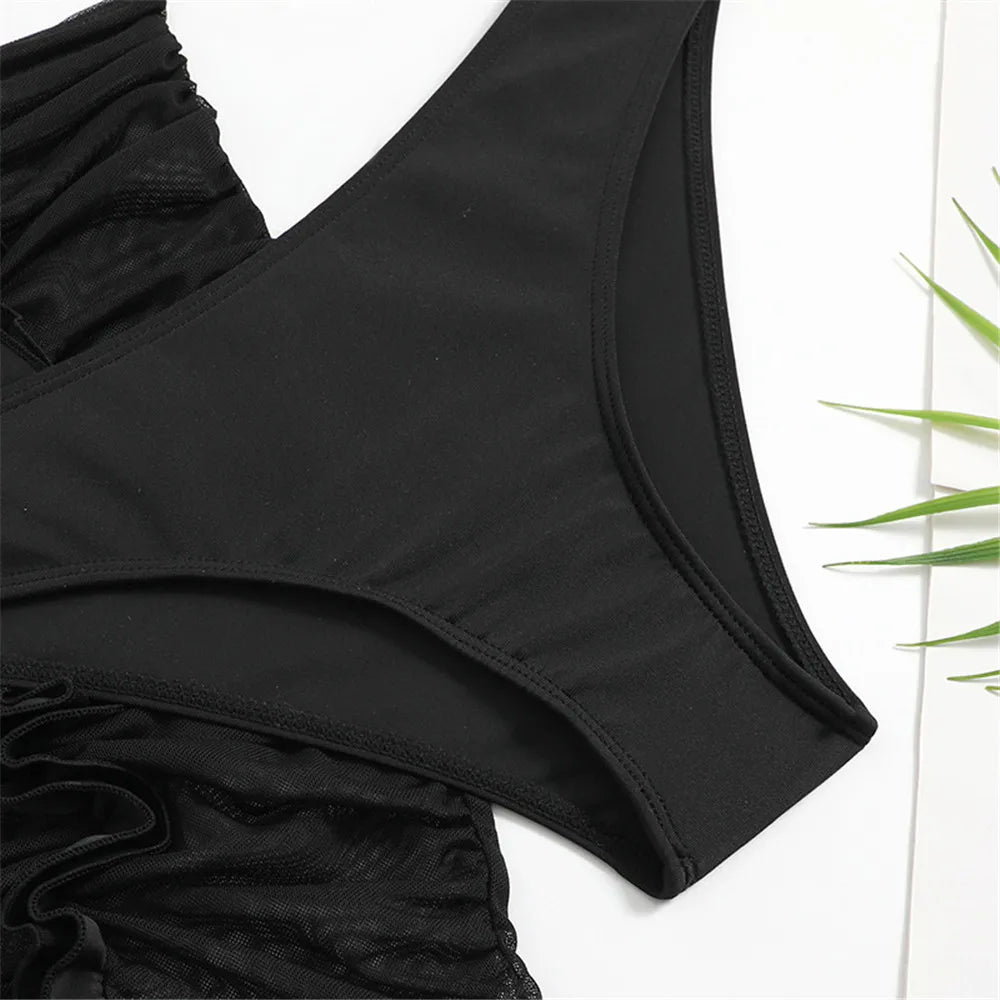 Black Pleats Edge Bandeau 3 Piece Bikini Set Damen Pearl Chain Halter Swimwear Skirts Cover Up Sexy Swimsuit Women Beach Wear