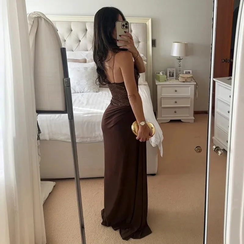 Women One Shoulder Lace See Through Sexy Maxi Dress Gown Fashion Off-shoulder Sleeveless Backless Club Long Dresses