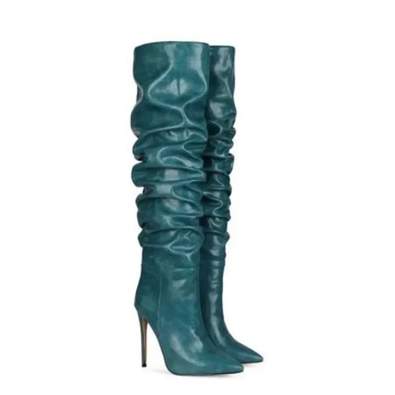 2024 Autumn and Winter New Fashionable High-heeled Pleated Sleeve Boots, European and American Sexy Fashion Runway Boots