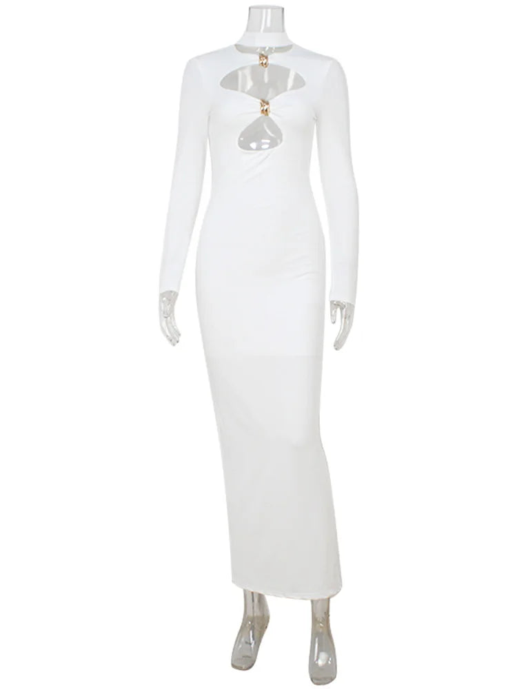 Ahagaga Fashion Women's Party Dresses Solid Hollow Out Turtleneck Regular Long Sleeve Sheath Bodycon Causal Female Vestidos Robe