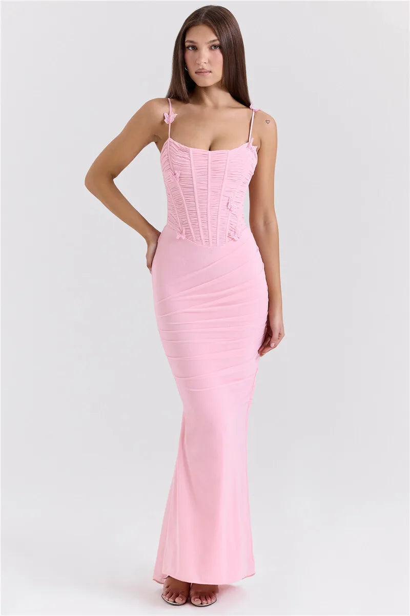 Mozision Bow Spaghetti Strap Sexy Maxi Dress For Women Gown Elegant Off-shoulder Sleeveless Backless Evening Club Party Dress