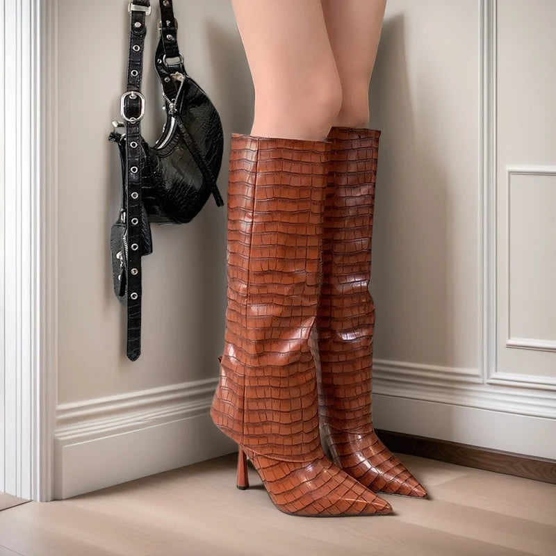 Women's Fashion Retro Stone Pattern Pointed Sleeve Skirt Boots European and American High End Loose Pants Banquet Boots