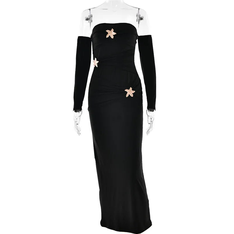 Mozision Metal Buckle Strapless Sexy Maxi Dress For Women Off-shoulder Backless Long Sleeve Ruched Bodycon Club Long Dress