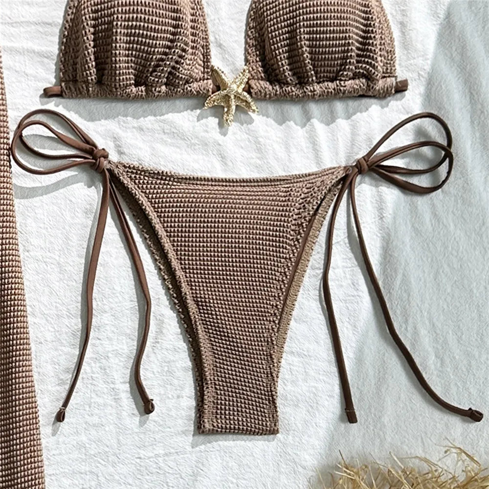 Holiday Starfish Solid Swimwears Halter String Triangle 3 Piece Bikini Set Cover Up Skirts Sexy Swimsuit Women 2025 Bikini Dames