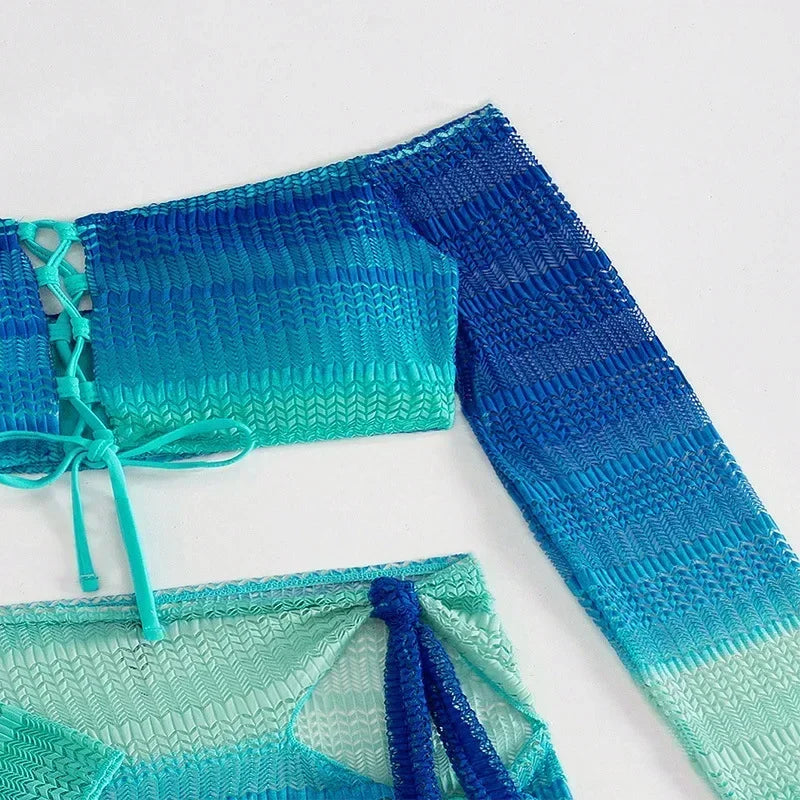 Blue Long Sleeve Swimsuit Bikinis Sets 3 Piece Women Front Lace-up Swimwear with Cover Up Mini Skirts Beach Wear Bathing Suit