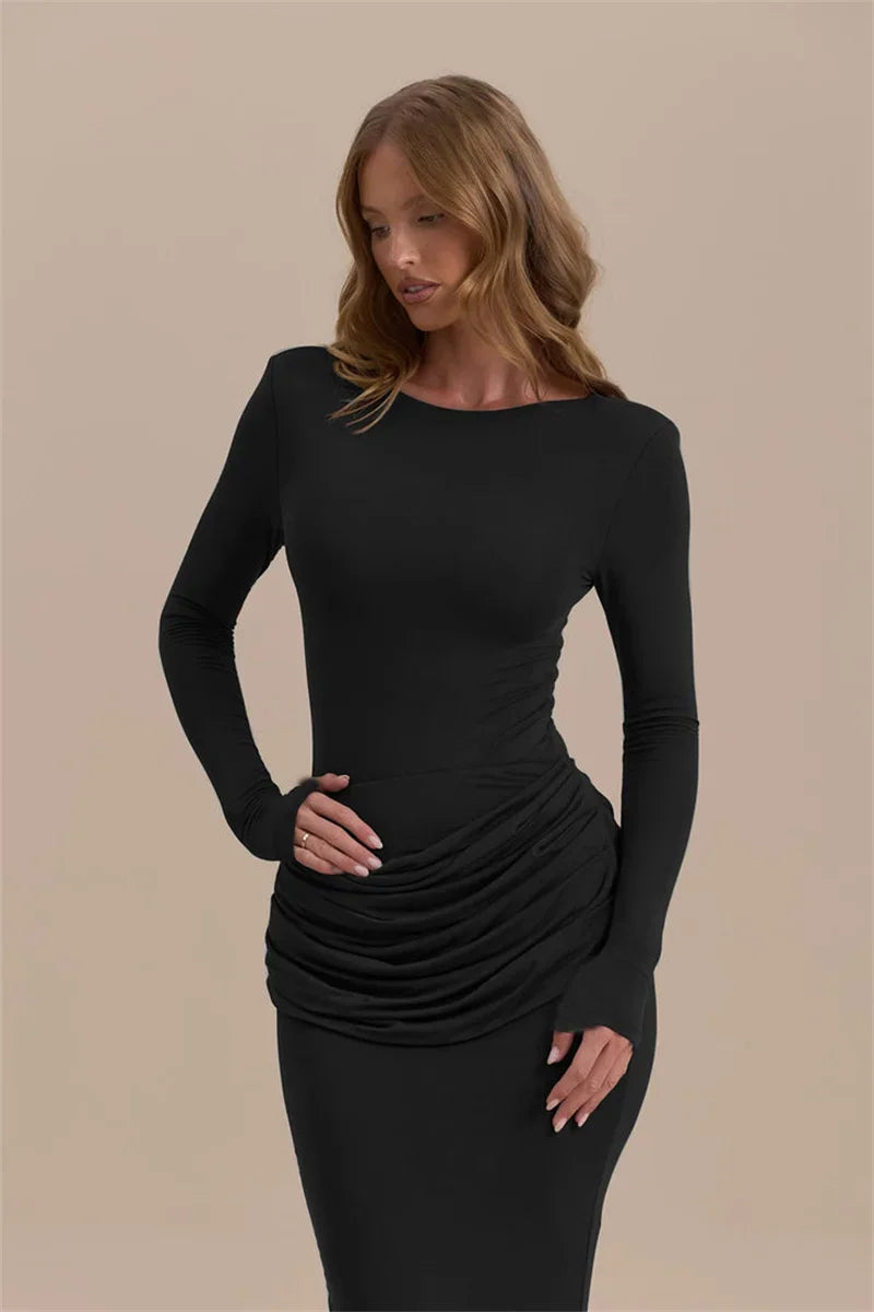 Long Sleeve Ruched Sexy Maxi Dress For Women Gown Autumn Winter New O Neck High Waist Bodycon Club Party Long Dresses