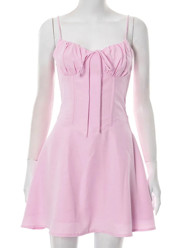 Mozision Spaghetti Strap Lace-up Sexy Mini Dress Women Elegant Off-shoulder Sleeveless Backless High Waist A-line Club Dress