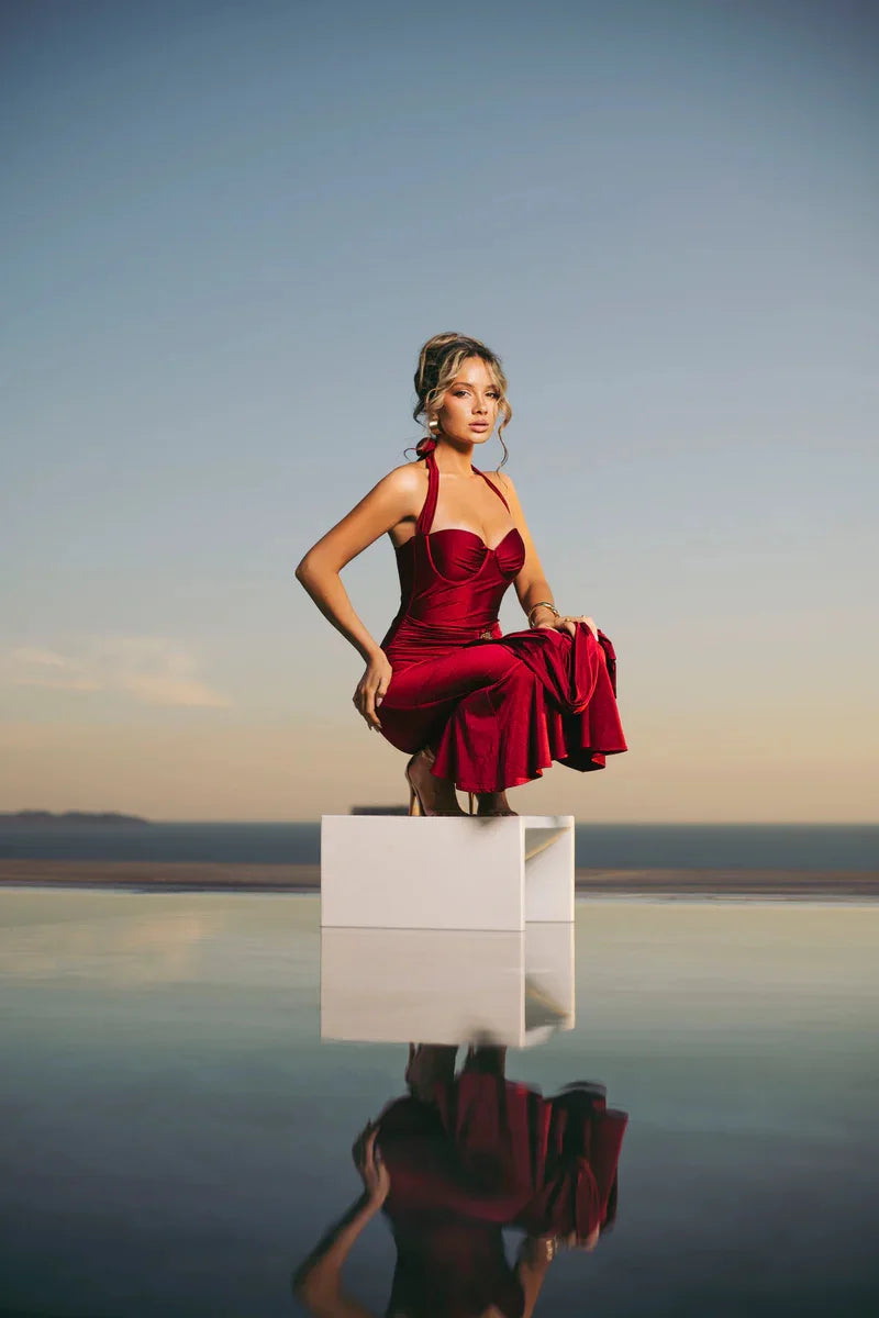 Mozision Satin Backless Draped Sexy Maxi Dress Women Fashion Sequins Halter Sleeveless Ruched Bodycon Club Party Long Dresses