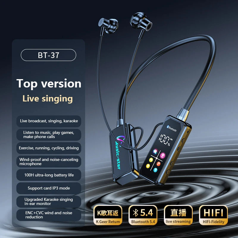 Bluetooth 5.4 Earphones With HD Screen Wireless Headsets Neckband Headphones HiFi Stereo Noise Reduction Earbuds For Live 2025