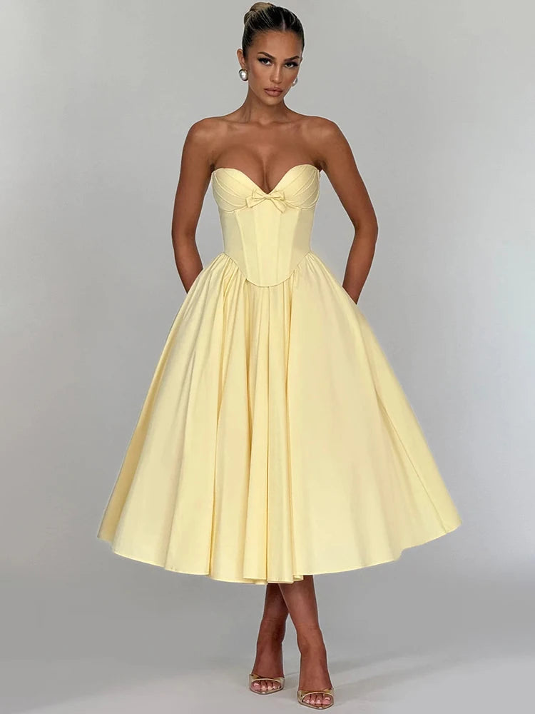 Mozision Off-shoulder Strapless Sexy Midi Dress Women Elegant Fashion Bow Sleeveless Backless High Waist A-line Club Party Dress Wofashion.xyz