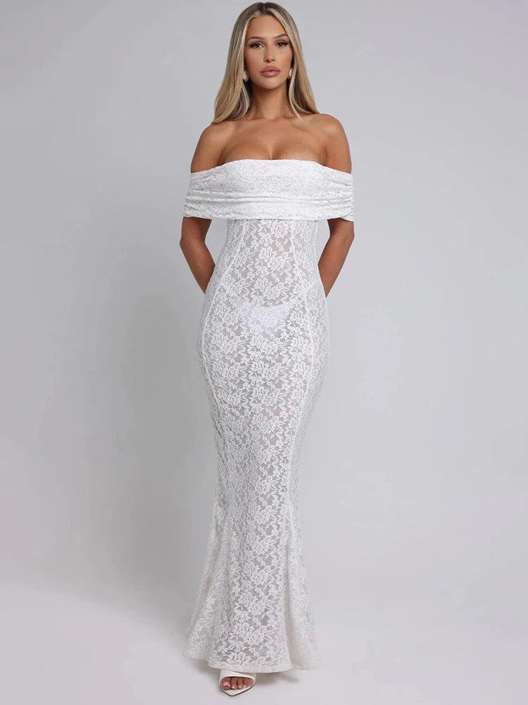 Mozision Hollow Out See Through Sexy Maxi Dress Women Elegant Off-shoulder Strapless Backless Sleeveless Club Party Dress