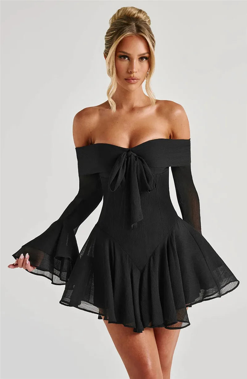Mozision Strapless Long Flare Sleeve Sexy Mini Dress For Women Robe Off-shoulder Backless High Waist A-line Club Party Dress