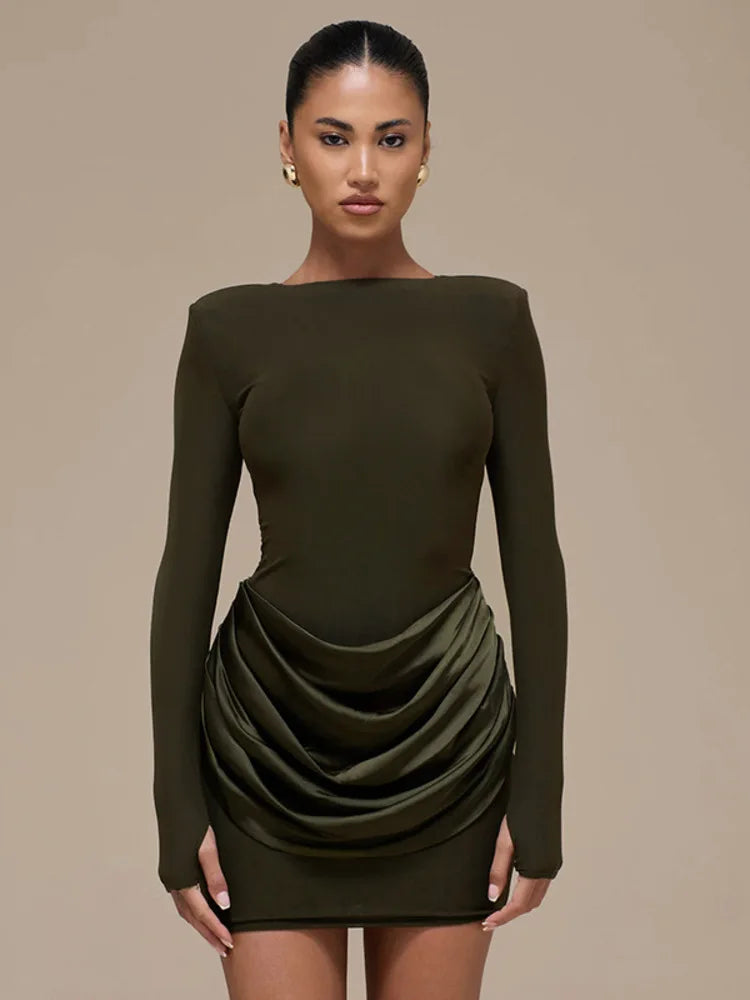 Mozision Long Sleeve Ruched Sexy Mini Dress Women Gown Elegant Satin Patchwork O Neck High Waist Club Party Dresses Fashion