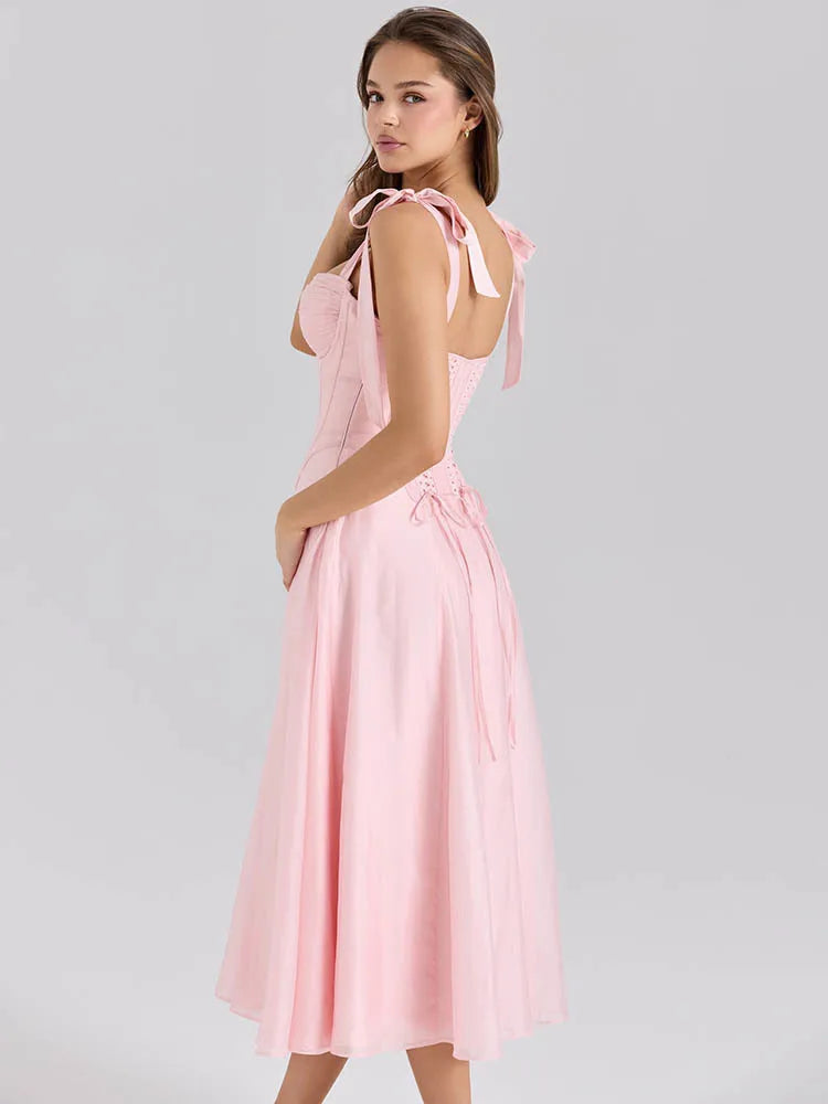 Mozision Pink Chiffon Tie Strap Sexy Midi Dress Women Pink Spaghetti Strap Sleeveless Backless Lace-up A-line Club Party Dress