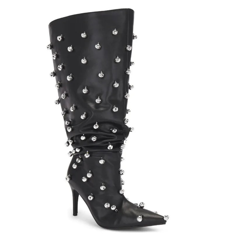 European Niche Design, High-quality Slim High Heels, Wide Knee Boots, Women's Fashionable and Sexy Studded Pleated Sleeve Boots Wofashion.xyz