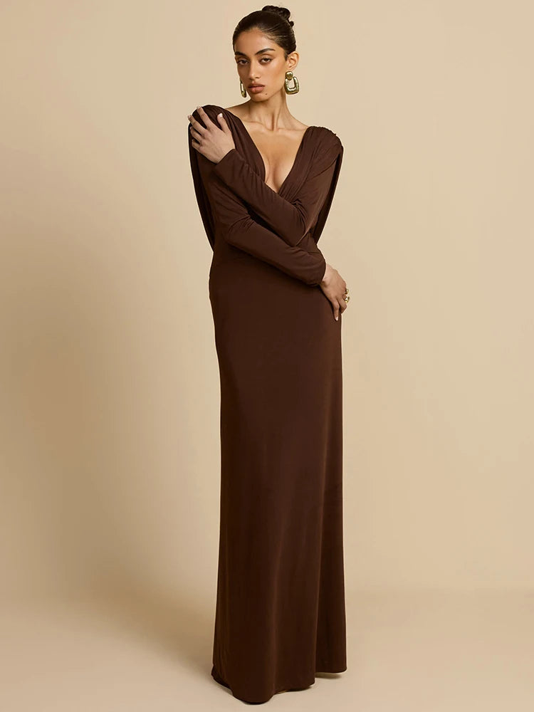 Mozision Elegant Deep V Neck  Backless Sexy Maxi Dress For Women Brown Long Sleeve High Waist Ruched Club Party Long Dresses