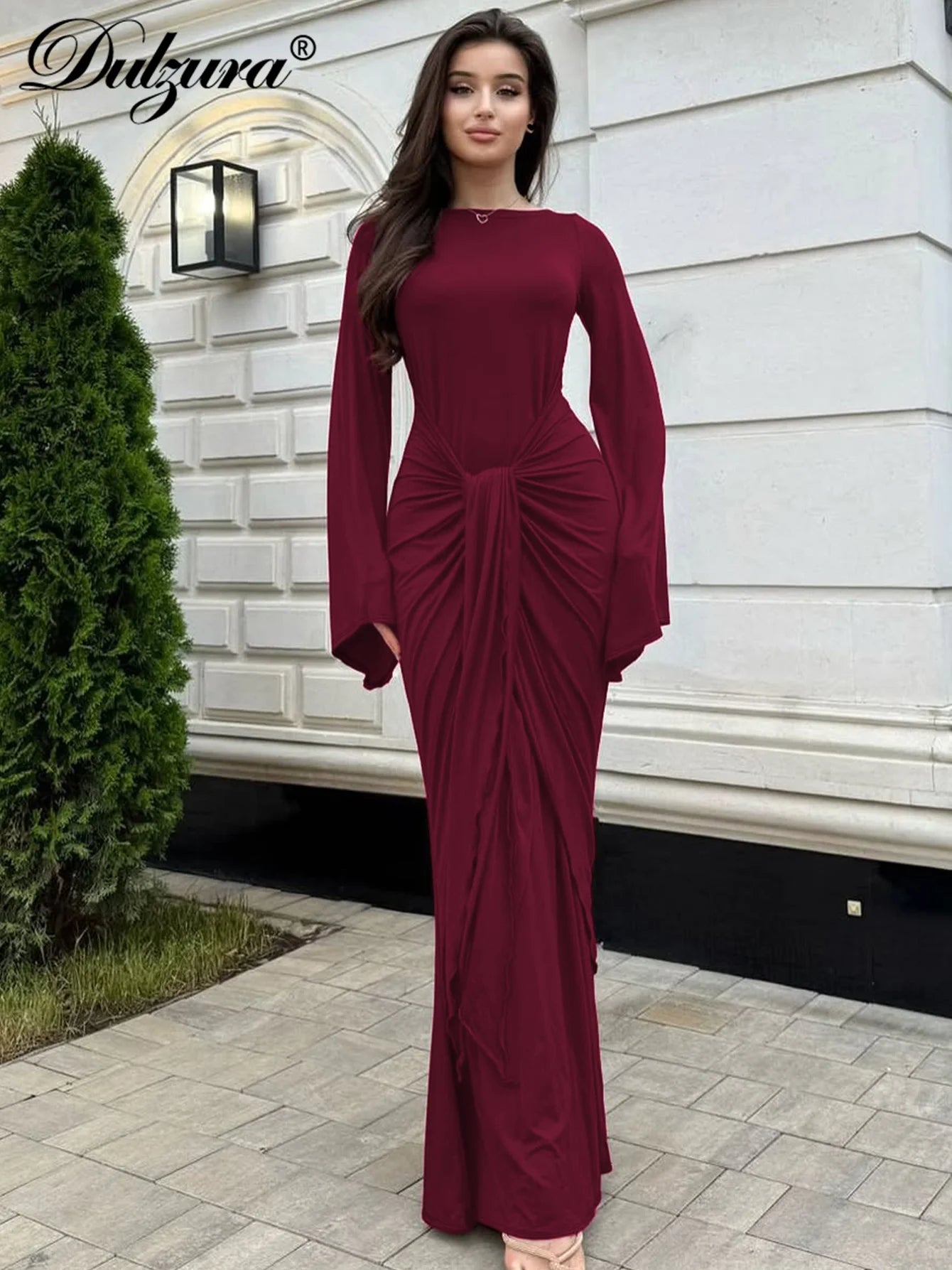 Dulzura Autumn Fashion Elegant O-Neck Long Flare Sleeve Ruched Slim Fit Ribbon Long Dress Women'S Solid Casual Party Club Outfit