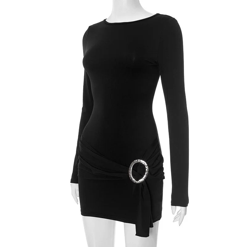 Mozision Metal Ring Long Sleeve Ruched Sexy Mini Dress Women Fashion Autumn New O Neck Draped Bodycon Club Dresses Female