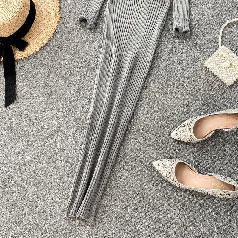 Women's Knitted Midi Dr Pure Color Long Sve Slim Fit High Waist V-Ne Korean Sle Faionable Autumn Winter Dr
